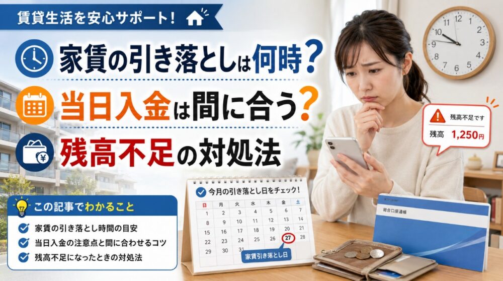家賃の引き落としは何時？当日入金は間に合う？残高不足の対処法